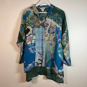 VTG Citron Santa Monica Patchwork Floral Print Button Front Blouse XL High Low